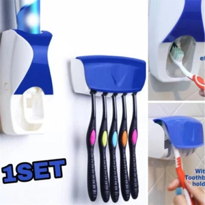 Wall Mounted Bathroom Automatic Toothpaste Dispenser + 5 Toothbrush Holder Stand - Picture 1 of 26