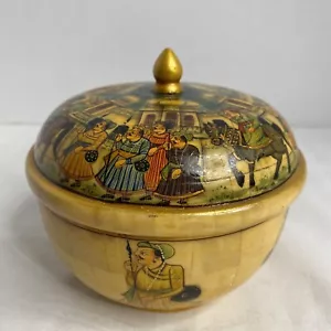 ANTIQUE LOOK DECORATIVE ROUND SHAPE MUGHAL PAINTED WOOD + CAMEL BONE  BOX - Picture 1 of 9