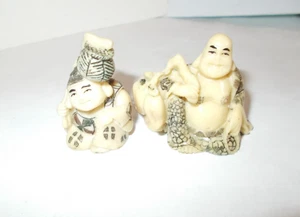 2 Vintage 1 3/4" Japanese BUDDHA Netsukes * SITTING RESTING * - Picture 1 of 5