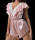 Glossy Pink Satin & Lace Teddy Romper Oily Lingerie L Butterfly Sleeves