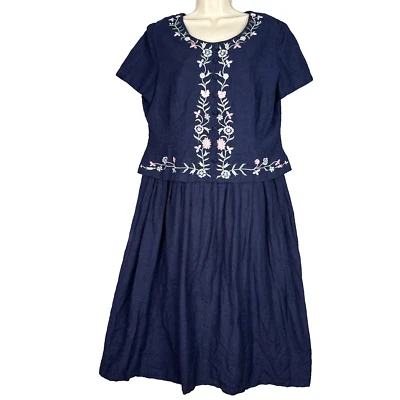 VTG Karin Stevens Dress 16 Navy Linen Blend Embroidered Floral 80s Cottagecore - Image 1 of 4