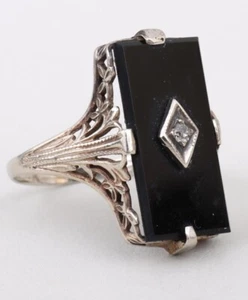Antique Victorian French Jet or Onyx 14k White Gold Mourning Diamond Ring Size 6 - Picture 1 of 5