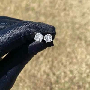 2Ct Round Cut Moissanite Men's Cluster Stud Earrings 14K White Gold Plated - Picture 1 of 3