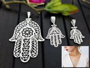 925 Silber Hand der Fatima Handarbeit Anhänger Hamsa Khamsa Kettenanhänger Kette - Bild 1 von 13