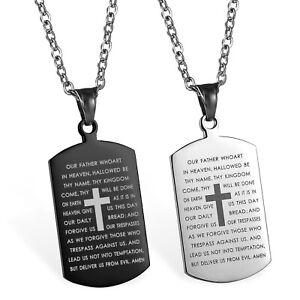 Men's Stainless Steel English Bible Verse Prayer Dog Tag Cross Pendant Necklace