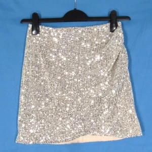 GB Gianni Bini SILVER SEQUINS Nude Liner GATHERED Party Holiday MINI SKIRT Sz S - Picture 1 of 5