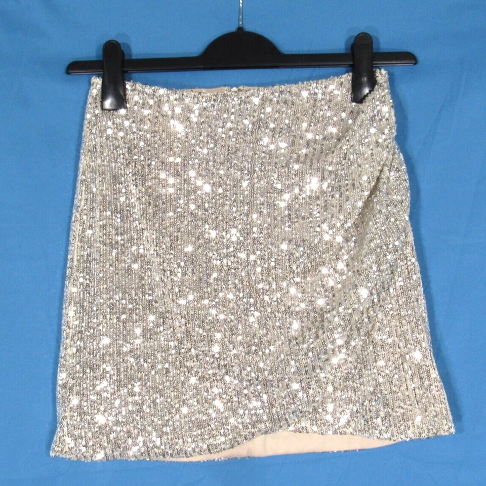 GB Gianni Bini SILVER SEQUINS Nude Liner GATHERED Party Holiday MINI SKIRT Sz S - Image 1 of 4