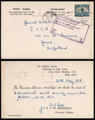 1958 UCT Ciudad del Cabo Postal, AISS Ginebra, correo aéreo marcado, 11/2d Suid-Frica Foto 1 de 3
