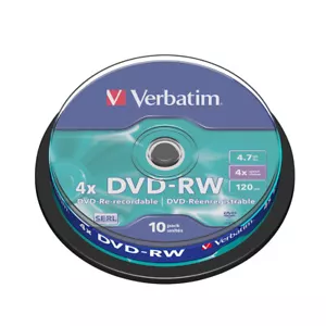 10PK Verbatim DVD-RW 4.7GB 4x Rewritable Blank Disc Data Storage w/ Spindle Case - Picture 1 of 1