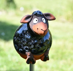 Ceramic Garden Ball Decoration Animal Statue Black Sheep H17cm Midene Handmade - Picture 1 of 15