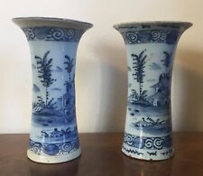 Pair Antique 18th 19th c. Delft Tin Glaze Faience Pottery Trumpet Vases Chinese