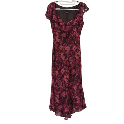 VTG Jones New York Dress Sz 6 Burgundy Floral 100% Silk Ruffle Fairy Ethereal - Image 1 of 4