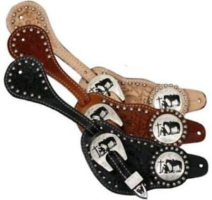Showman Men's Size Tooled Leather Spur Straps w/ Silver Engraved Praying Cowboy