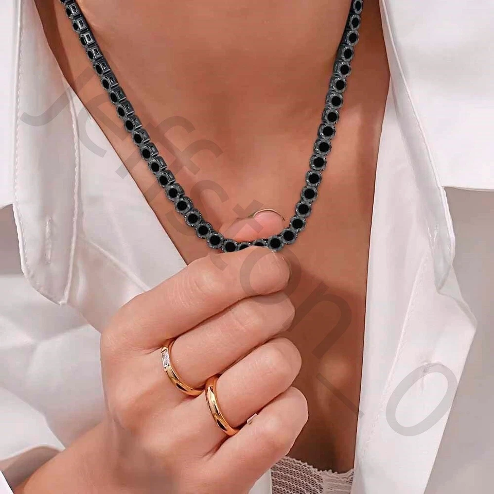 ¡Collar de tenis de 4 mm chapado en oro negro de 14 quilates con diamantes negros creados redondos de 45,72 quilates! Foto 1 de 4