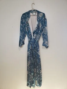 Cabernet Sleepwear Women L Maxi Dressing Robe Satin Blue Floral Open Front Belt - Picture 1 of 5