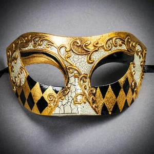 Máscara de ojos clásica de fiesta de baile de mascarada a cuadros dorado fantasma veneciano - Imagen 1 de 6