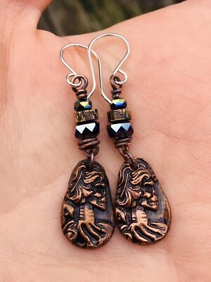 Skull Earrings Artisan Copper Skull Earrings Swarovski Pure Bronze Beads Rustic - Image 1 of 4