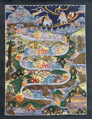 PINTURA THANGKA TIBETANA MEDITACIÓN SAMATHA CAMINO ELEFANTE SOBRE LIENZO DE ALGODÓN Foto 1 de 4