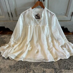 S New White Lace Chiffon Long Bell Sleeve Ethereal Blouse Top Shirt Womens SMALL - Picture 1 of 6