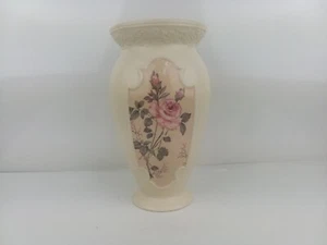 Vintage FTD Cream Vase with Pink Rose Design - Picture 1 of 8