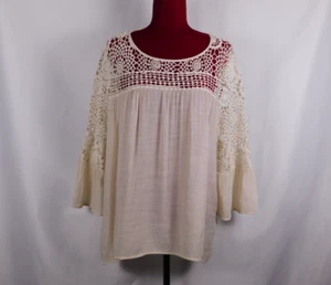 Valerie Stevens XL Lightweight Tan 3/4 Sleeve Boho Crochet Top - Picture 1 of 9