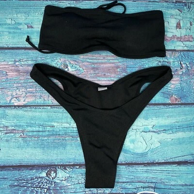 Sechico Women Strapless Bandeau Bikini Set Adjustable Back Lace-up Bathing Suit - Image 1 of 4