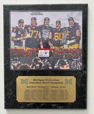Placa de campeones del Rose Bowl de Michigan Wolverines 2024 con placa de identificación grabada con estadísticas Foto 1 de 4