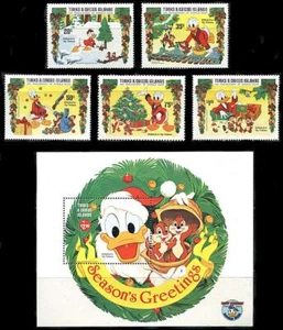 Turks & Caicos: 1984 Disney Donald Duck Season's Greetings Set+S/S (645-650) MNH - Picture 1 of 1