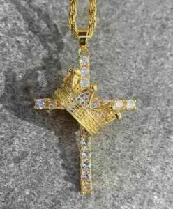 Cross & Crown Pendant 2Ct Round Cut Lab Created Diamond 14K Yellow Gold Plated - Picture 1 of 4
