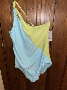 Nuevo con etiquetas Traje de baño Lands' End azul claro/lima de un hombro de una pieza - Talla 18 (0337) - Imagen 1 de 7