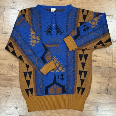 复古 Mondi 毛衣女式 40 码棕色蓝色羊毛混纺德国长袖 — 第 1/4 张图片