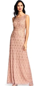 $349 NWT ADRIANNA PAPELL Sz8 ILLUSION HALTER ALLOVER SEQUIN BEADED GOWN PINK GOL - Imagen 1 de 6