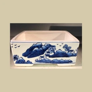 Blue on White Porcelain Bonsai Pot - Rectangle Shape OD 10.5"x7.5"x4" Great Gift - Picture 1 of 2