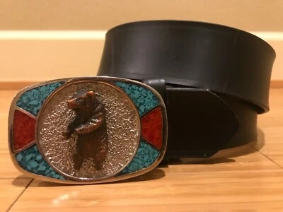 DE COLECCIÓN OSO PARDO TURQUESA Y ROJO CORAL PLATA HEBILLA DE CINTURÓN Y GUARNICIÓN 36 CINTURÓN Foto 1 de 4