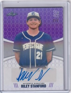 Riley Stanford 2021 Leaf Perfect Game Plate & Proof Purple Auto 1/1