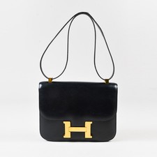 VINTAGE Hermes Black & Gold Tone Box Calf Leather 'H' "Constance" Flap Bag