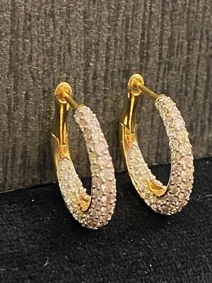 Pave 1.80 Cts Round Brilliant Cut Natural Diamonds Hoop Earrings 18K Gold - Image 1 of 4