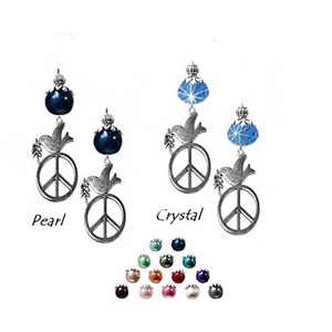 Earrings pearl or crystal drop peace dove charm, choose color and fittings - Picture 1 of 19