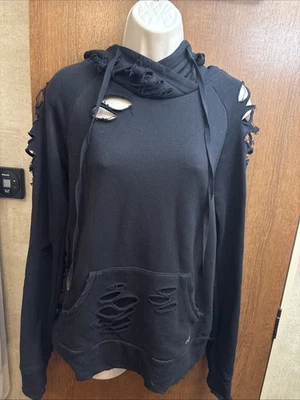 Alo Yoga Slay Long Sleeve Pullover Hoodie XS Black Distressed Crop Drawstring - Image 1 of 4