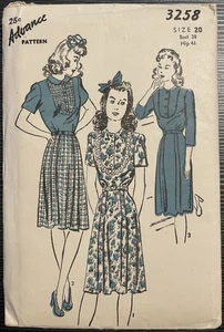 Vintage 40er Jahre Advance Schnittmuster 3258 Passe Kleid mit Optionen Büste 38 - Bild 1 von 4