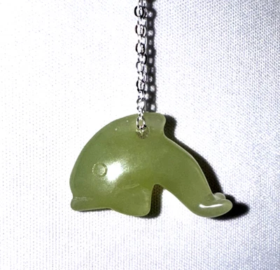 Colar de golfinho joia jaspe verde Bling? Corrente de pedra genuína tom prata - Imagem 1 de 4