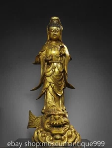 40" Old Tibet Bronze Gilt Buddhism Dragon Fish Guan Yin Goddess Statue Sculpture - Picture 1 of 9