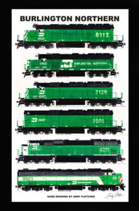 Póster Burlington Northern Locomotives 11""x17"" Alfombra 12x18"" firmada por Andy Fletcher - Imagen 1 de 1