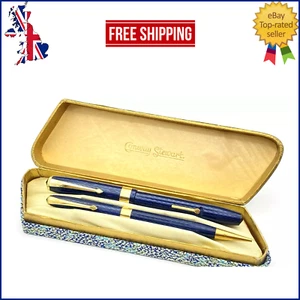 VINTAGE CONWAY STEWART 27 FÜLLFEDERHALTER SET IN BLAU HERRINGBONE 14K MEDIUM NEU IM KARTON - Bild 1 von 18