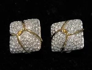 Vintage LANDAU Earrings Pavé Rhinestones Square Clip On Style - Picture 1 of 10