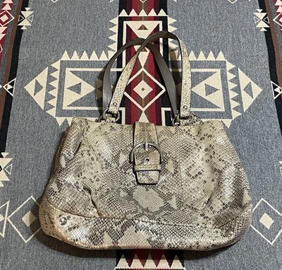 Coach F19679 Python Embossed Leather Tote Shoulder Bag Silver Buckle Beige T41 - Image 1 of 4