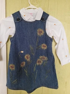 EUC Vintage Gymboree Sunflower Fields Denim Jumper Dress Shirt Embroidered Sz 5 - Picture 1 of 2