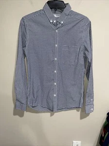 Topman Navy Blue & White Button Down Long Sleeve Shirt Checkered Gingham Sz Sm - Picture 1 of 5