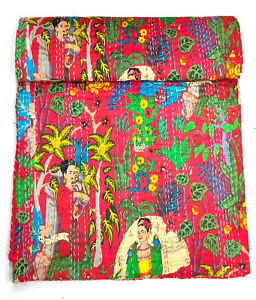 Frida Kahlo Printed Cotton Quilted Blanket Indian Handmade Bedspread Kantha 