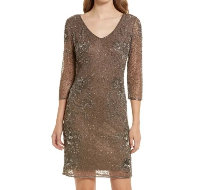 Vestido Pisarro Nights Cuentas Cuello en V Cóctel Rodilla Talla 8 NUEVO Moca *1113   Foto 1 de 4